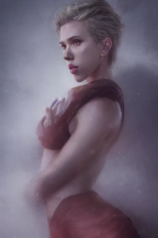 Image similar to a fancy portrait of Scarlett Johansson with scars on her body by Greg Rutkowski, Sung Choi, Mitchell Mohrhauser, Maciej Kuciara, Johnson Ting, Maxim Verehin, Peter Konig, final fantasy , mythical, 8k photorealistic, cinematic lighting, HD, high details, atmospheric,