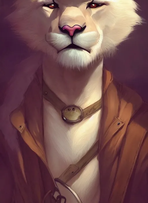 Prompt: beautiful portrait commission of a male furry anthro albino mountain lion wearing old-timey miner's clothes. Atmospheric. Character design by charlie bowater, ross tran, artgerm, and makoto shinkai, detailed, inked, western comic book art