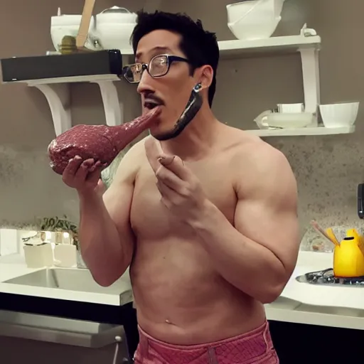 Image similar to markiplier slurping from a bucket of cream using a ladle, but spilling it all over his face and abs