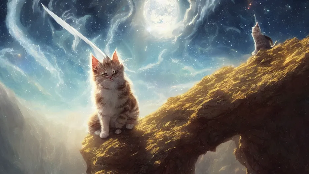 Image similar to a single cartoonish kitten dressed as Gandalf floating in space, center focus, center spotlight, bright stars, anime, a fantasy digital painting by Greg Rutkowski and James Gurney, trending on Artstation, highly detailed