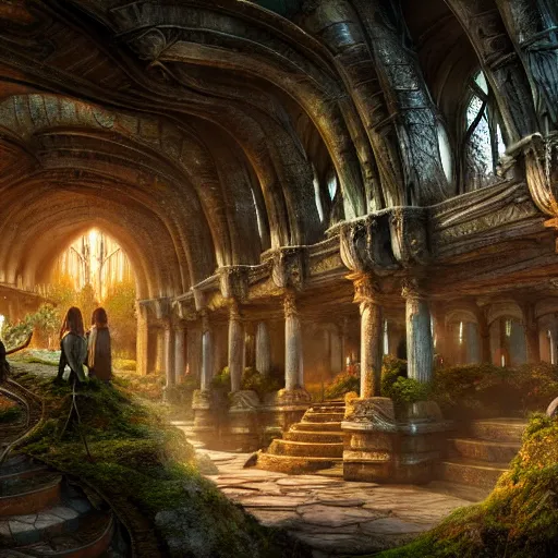 Prompt: inside a magical elven city, highly detailed, 4k, HDR, award-winning, hyper realistic