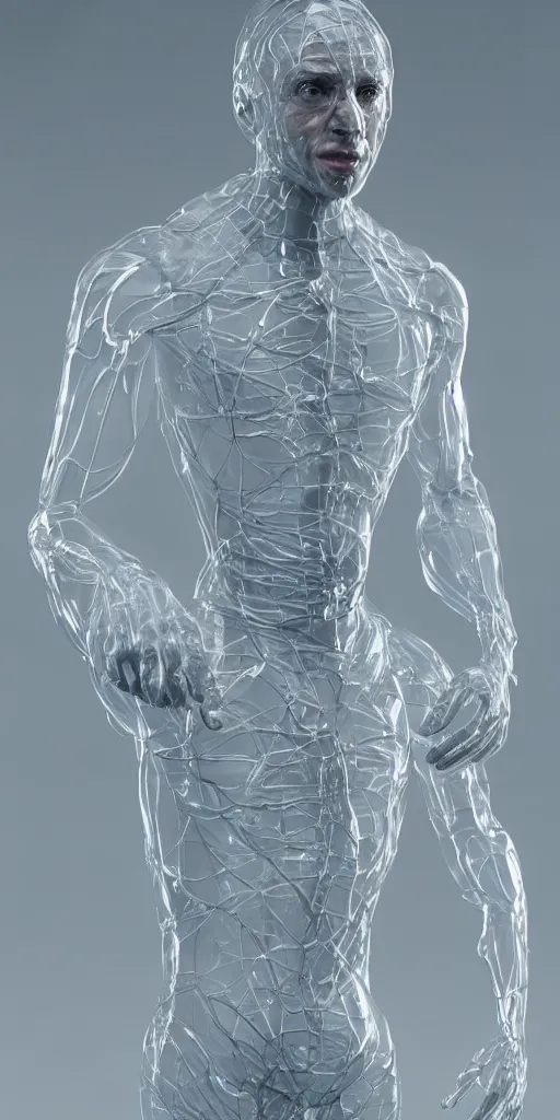 Prompt: man made from mostly transparent liquid, transparent face, dynamic in motion action shot, full body, 4k post production processing, unreal engine 5, genius concept, cinematic, weta digital, zbrush