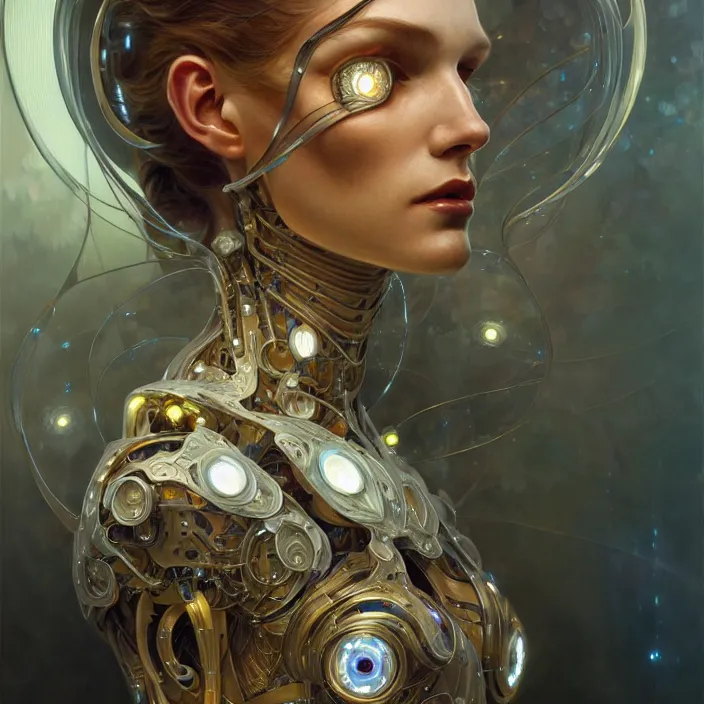 Prompt: organic cyborg made of clear glass, diffuse lighting, fantasy, intricate, elegant, highly detailed, lifelike, photorealistic, digital painting, artstation, illustration, concept art, smooth, sharp focus, art by John Collier and Albert Aublet and Krenz Cushart and Artem Demura and Alphonse Mucha