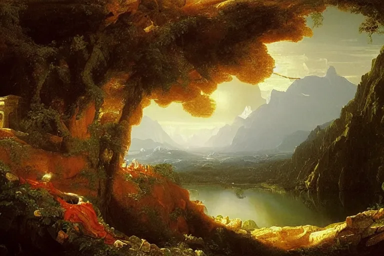 Image similar to there is another world very close to ours that we don't perceive directly, but they do interact sometimes. painting by thomas cole ( 1 8 3 3 )