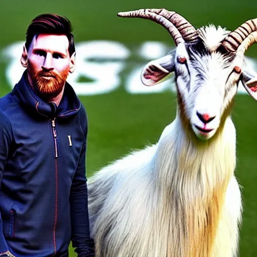 Image similar to lionel messi standing beside a majestic goat, intricate, elegant, highly detailed