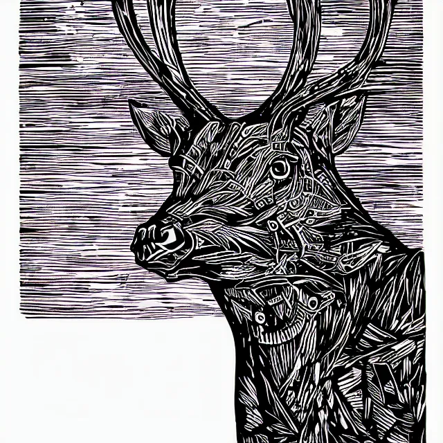 Image similar to linocut of a cybernetic deer. pink, black and white color pallette.