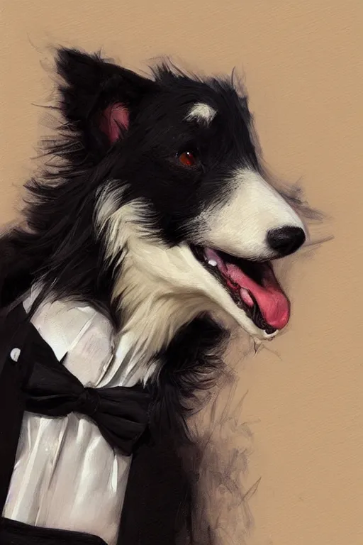 Image similar to portrait of a cute male anthropomorphic border collie fursona wearing a suit. by henry asencio, jon foster, and ross tran. highly detailed, concept art, furry, glamor pose, elegant, aesthetic, beautiful, trending on artstation