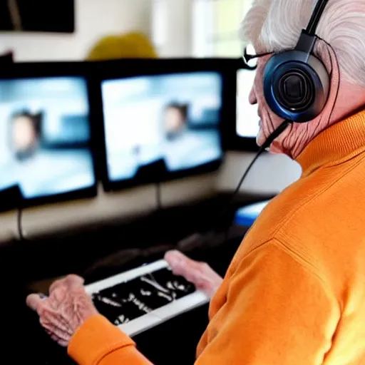 Image similar to A colored colorized real screenshot of Jerma985 as an elderly guy streaming on his computer while wearing headphones, taken in the early 2020s, taken on a 2010s Camera, realistic, hyperrealistic, very realistic, very very realistic, highly detailed, very detailed, extremely detailed, detailed, digital art, trending on artstation, headshot and bodyshot, detailed face, very detailed face, very detailed face, real, real world, in real life, realism, HD Quality, 8k resolution, intricate details, colorized photograph, colorized photon, body and headshot, body and head in view