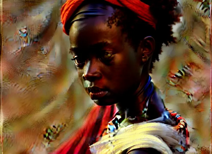 Prompt: top angle view, wide lens of african girl wearing a toga, beautiful concept painting by caravaggio, ruan jia, jakub rebelka, artgerm, greg rutkowski, edgar maxence