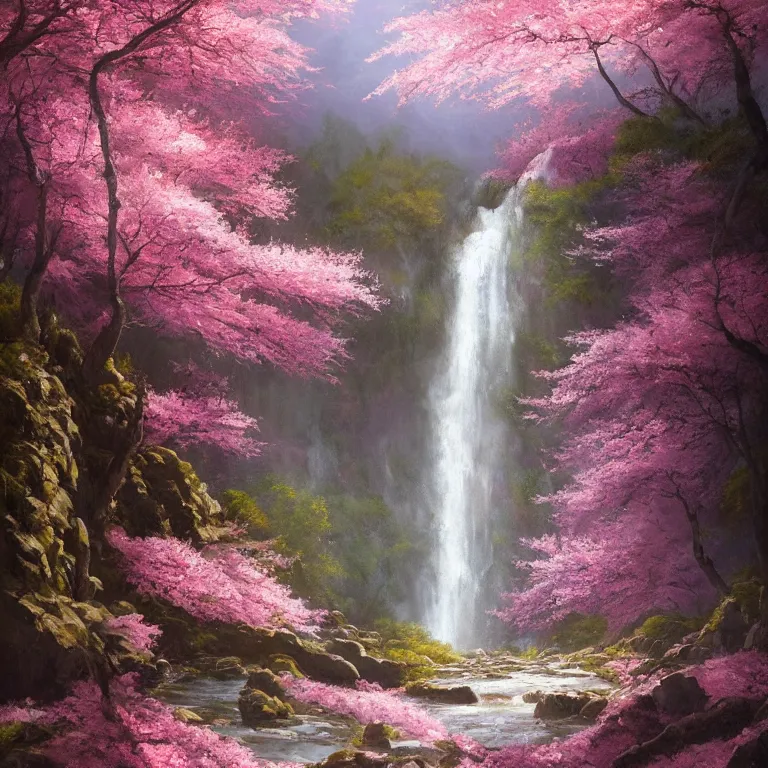 Prompt: A beautiful oil painting of a very tall waterfall on a very rocky cliff, in the middle of a huge forest of cherry blossom trees with bright pink glowing leaves, by Greg Rutkowski