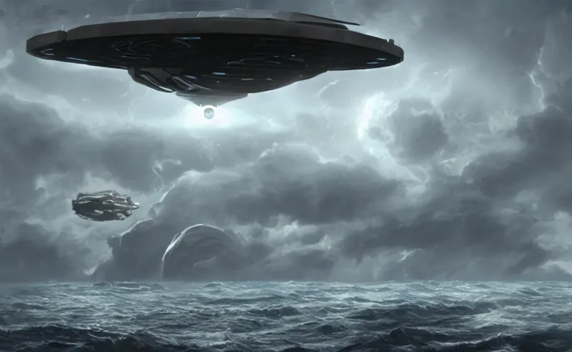 Image similar to a small alien ship flies above a stormy ocean, sci-fi concept art, unreal engine 3d