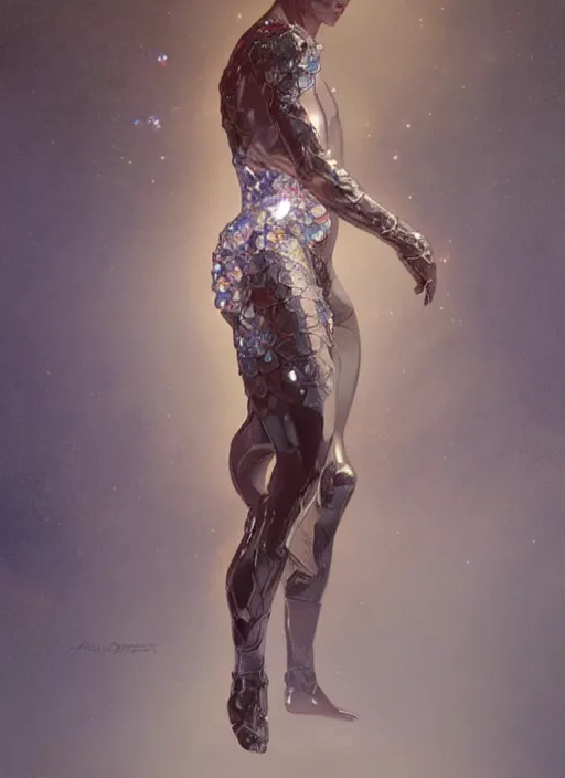 Image similar to a man made of sparkling crystal, full body view, beautiful high quality realistic fantasy art, trending on artstation by artgerm and greg rutkowski and alphonse mucha