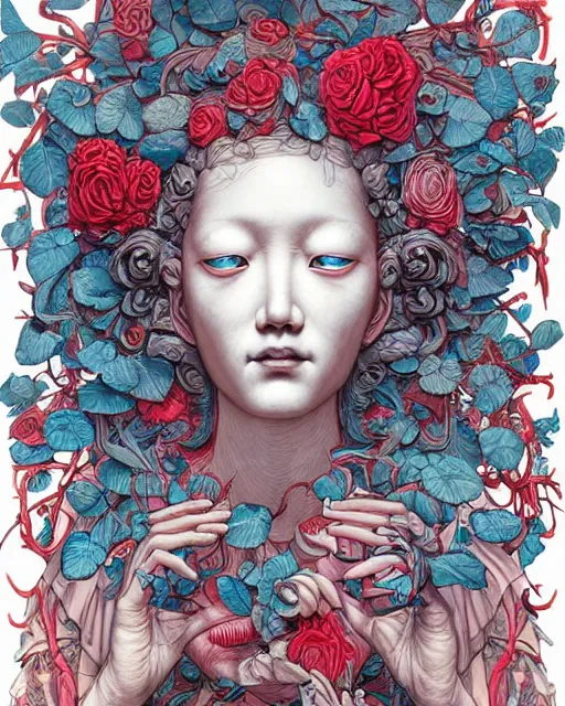 Prompt: rose god by james jean, masterpiece, very detailed, realistic eyes, abstract, vivid, aesthetic