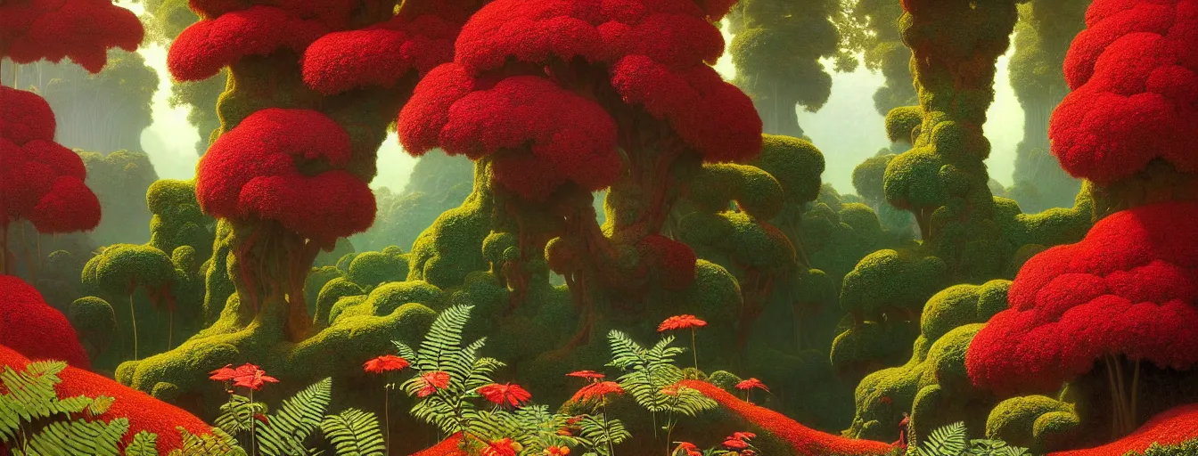 Prompt: a gorgeous very early spring series of lush islands separated by flower - lined streams, twisted gardens, flowers, fern fronds, all red, painting by barlowe wayne maxfield parrish and marco mazzoni. very little light verdancy. ultra clear detailed. all foliage is red. 3 d, octane render