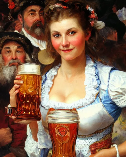 Image similar to a painting of janice jarratt holding a mug of beer at the oktoberfest, a detailed painting by konstantin makovsky and by jan matejko and by nikolay makovsky, shutterstock contest winner, german romanticism, detailed painting, oil on canvas, wimmelbilder