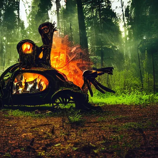 Image similar to extraterrestrial in the forest with his spaceship on fire