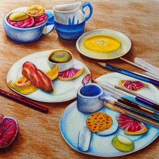 Image similar to Colored pencil art on paper, Five star morning breakfast, highly detailed, artstation, MasterPiece, Award-Winning, Caran d'Ache Luminance