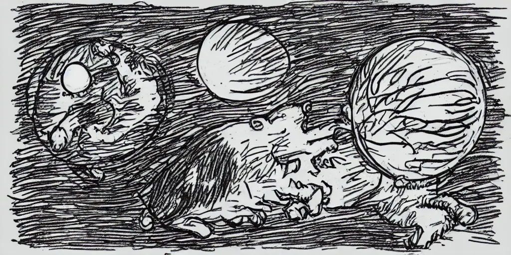 Prompt: a drawing of a man holding an egg among the clouds with a tiger growing out of its head in the style of Robert Crumb