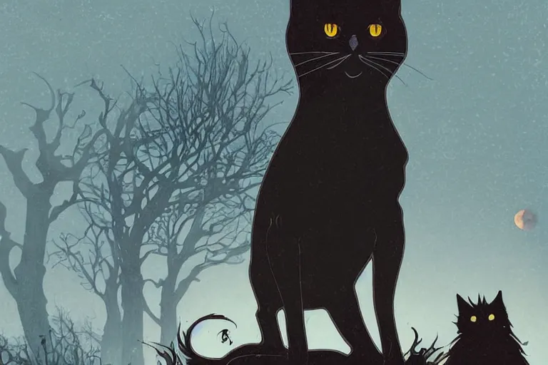 Prompt: an ultra detailed animation of a black cat in a graveyard at midnight on halloween tattoo, digital art, dark fantasy, concept art, soulslike, by alphonse mucha, blood moon eclipse, ruined building in the background, artstation, 8 k, unreal engine render