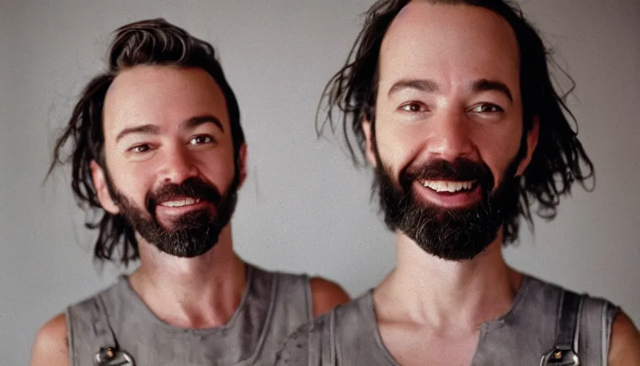 Image similar to far view, extremely skinny malnourished jimmy fallon with long beard, wearing dirty overalls, dirty greasy face, grin, portrait, close up, kodak gold 2 0 0, 5 0 mm,