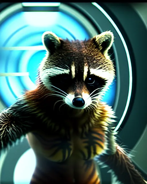 Image similar to film still of rocket the raccoon standing in the hallway of a space ship from guardians of the galaxy, soft volumetric lighting, cinematic, ridley scott, closeup portrait, confident action pose, octane