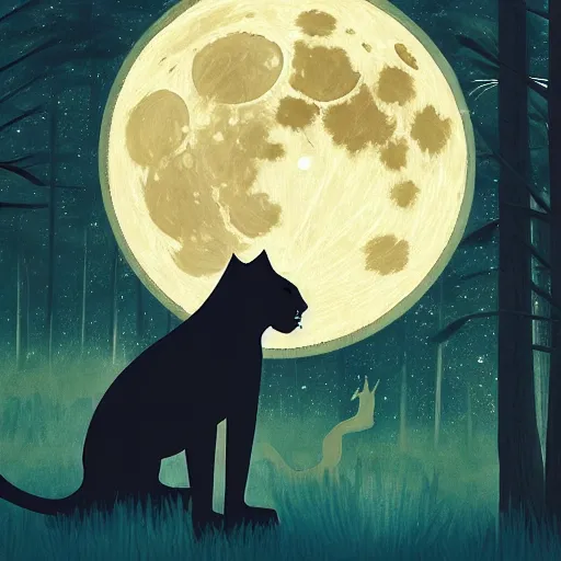 Image similar to a panther roaring at the moon in a forest during the night, large moon in the center. artistic. illustration. 4 k. cinematic. photoreal. dark colors. night.