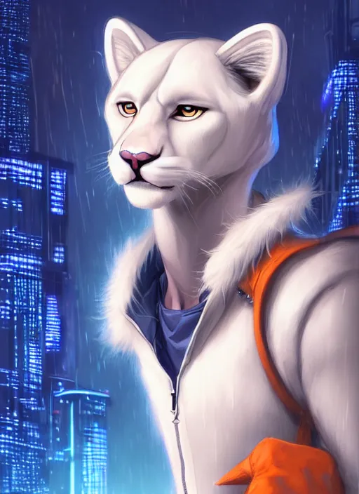 Prompt: award winning beautiful portrait commission of a male furry anthro albino mountain lion fursona with a tail and a cute beautiful attractive detailed furry face wearing stylish cyberpunk clothes in a cyberpunk city at night while it rains. Blue and Orange. Character design by charlie bowater, ross tran, artgerm, and makoto shinkai, detailed, inked, western comic book art