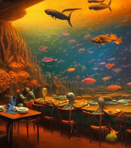 Prompt: cozy restaurant with an aquarium. vantablack cloth technology, vintage shapes, retro technology, happy colors dariusz zawadzki, tim hildebrandt, wayne barlow, bruce pennington, larry elmore, oil on canvas, deep depth field, masterpiece, cinematic composition. dramatic zoom, hyperdetailed, hd, hdr