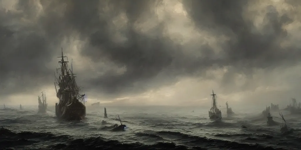 Prompt: Hyper realistic oil painting of a giant medieval ship, pillars of dark smoke rising from the ships, fire in the background, stormy weather, dark storm clouds above, highly detailed, fog, moody cinematic lighting, atmospheric, dark, by Greg Rutkowski, trending on artstation