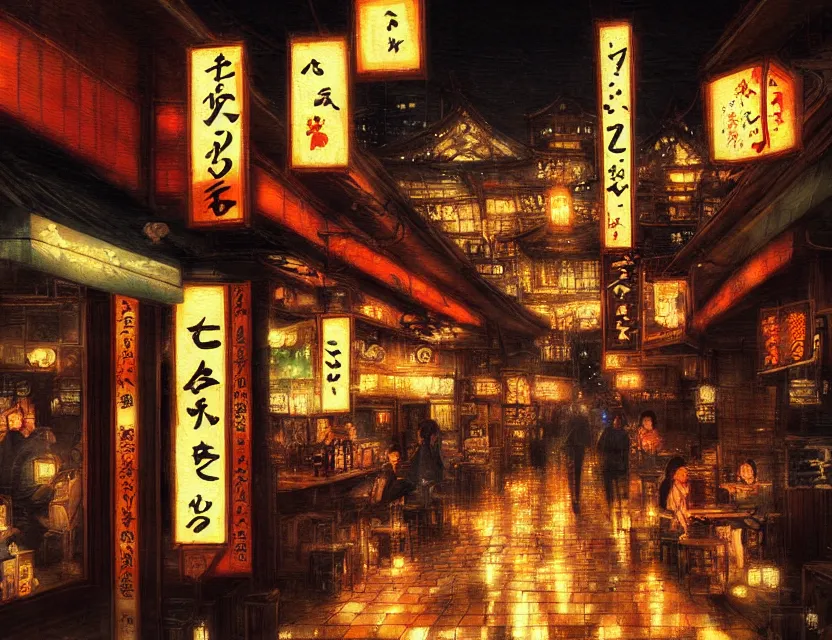 Image similar to enchanted izakaya in the night. this oil painting by the award - winning mangaka has a beautiful composition, great sense of depth, dramatic lighting and intricate details.