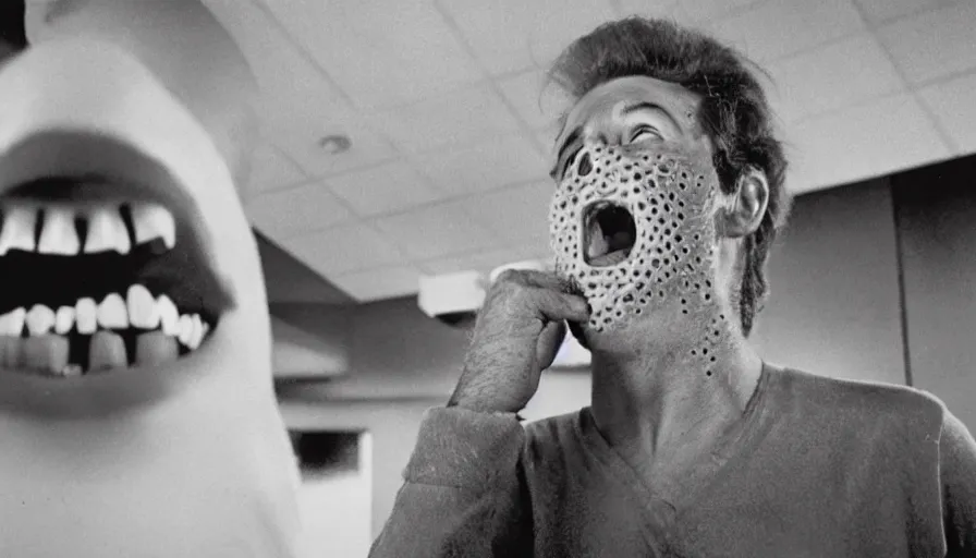 Prompt: 70s movie still of a man yelling with trypophobia teeth in hospital, eastmancolor, heavy grain, high quality, higly detailed, liminal space