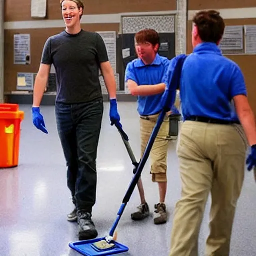 Image similar to mark zuckerberg as a school janitor, candid photograph