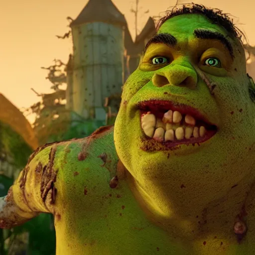 Image similar to unsettling creepy cursed zombie Shrek, high quality 4k cgsociety unreal engine render, injured infected Shrek zombie DreamWorks ® UnrealEngine (2032)