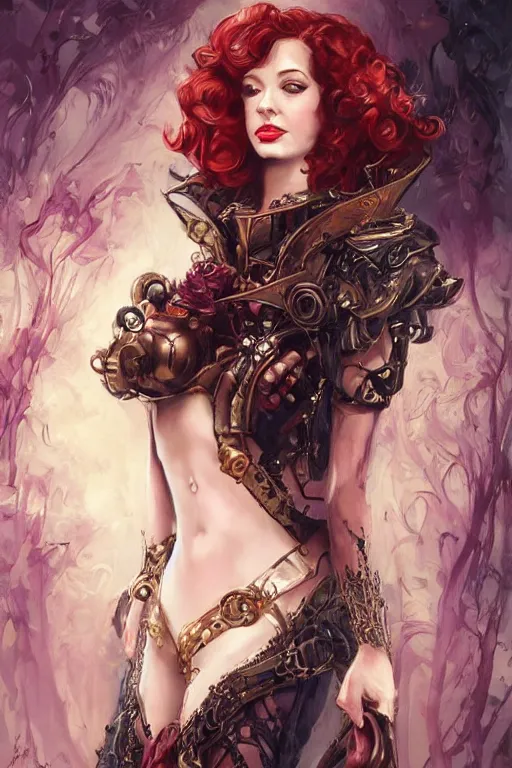 Image similar to three-quarters pose portrait of Christina Hendricks as a sensual Lady Mechanika, very beautiful young woman, ginger wavy hair, Victorian-era push-up underwire. Intricate, concept art, steampunk imagery themed, D&D!, fantasy style, sharp focus!, ultra detailed, art by Artgerm and Peter Andrew Jones, WLUP, Magali Villeneuve