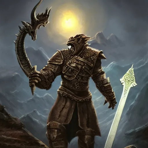 Prompt: dragonborn holding a sword, fantasy, landscape, dnd