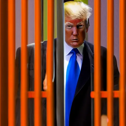 Prompt: donald trump wearing orange prison jumpsuit, locked behind bars. looking very sad.