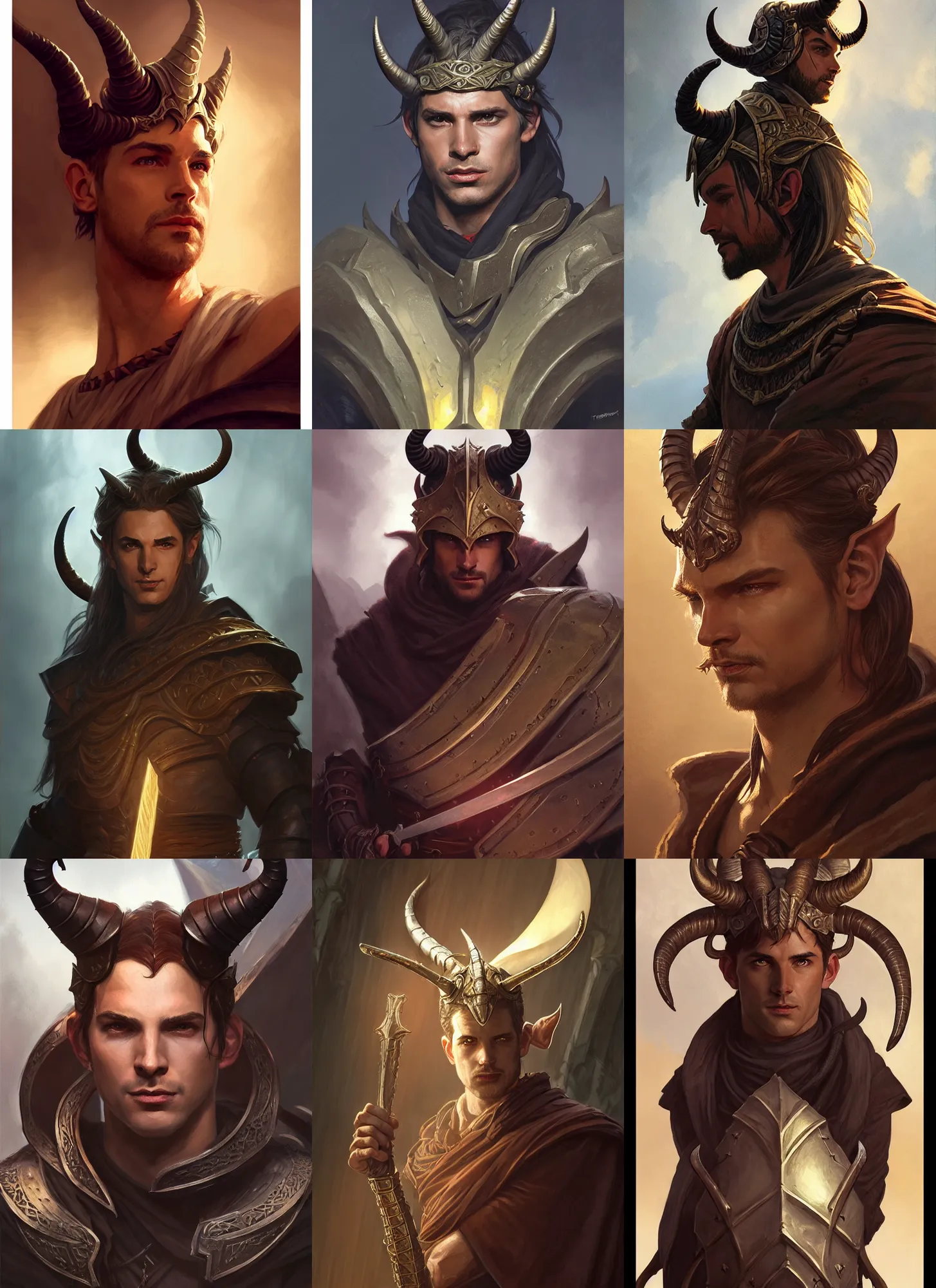 Prompt: an evocative portrait of a handsome male tiefling paladin, large curved horns on head, d & d, fantasy, tone mapped, intricate, cinematic lighting, highly detailed, digital painting, artstation, concept art, smooth, sharp focus, illustration, art by terry moore and greg rutkowski and alphonse mucha