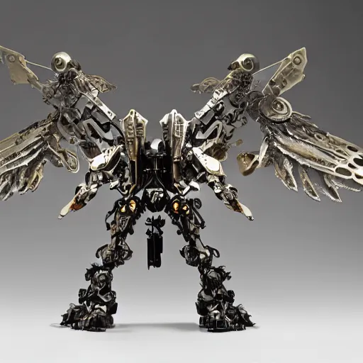 Image similar to smooth combat mech, carved obsidian mechanical exoskeleton wearing hardsurface armour, inlaid with ivory and gold accents, rococo, wings lace wear, sculpted by spider zero, frank gehry, jeff koons, bandai box art, by john berkey, norman rockwell, ivan shishkin
