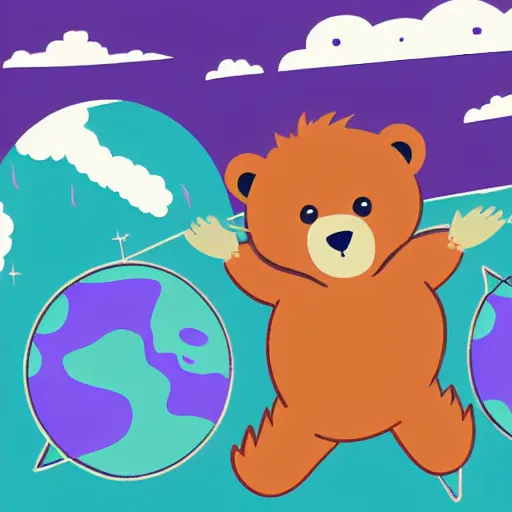 Image similar to cartoon illustration of a bear mascot being launched from a futuristic marble planet, purple and orange cloudland