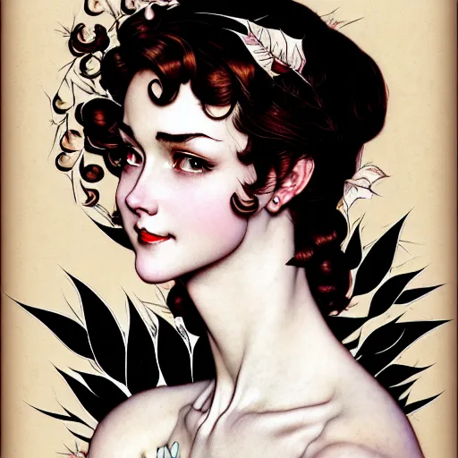 Prompt: portrait of an absurdly graceful, elegant, sophisticated ( barista ) woman wrapped in sharp thorns, by norman rockwell, range murata, gustave dore, pixar, intricate line work, beautiful, artstation 8 k