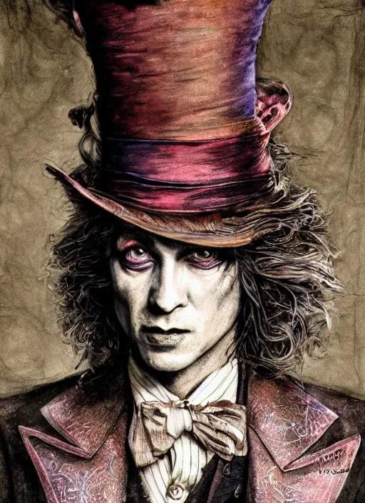 Image similar to portrait, The Mad Hatter, watercolor, dramatic lighting, cinematic, establishing shot, extremly high detail, foto realistic, cinematic lighting, pen and ink, intricate line drawings, by Yoshitaka Amano, Ruan Jia, Kentaro Miura, Artgerm, post processed, concept art, artstation, matte painting, style by eddie mendoza, raphael lacoste, alex ross