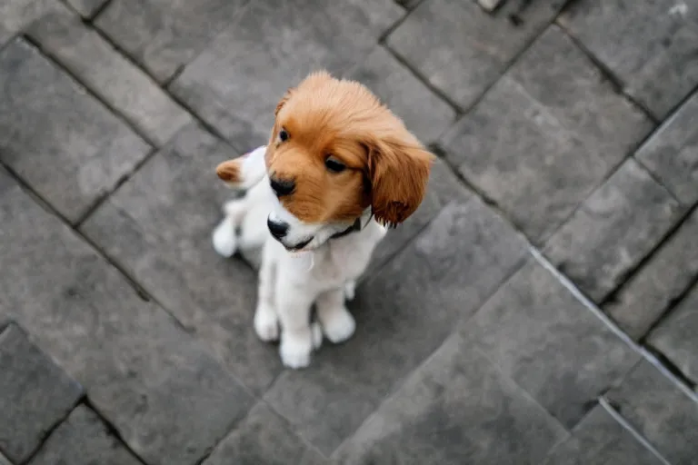 Prompt: a overhead view of a puppy standing on a ledge