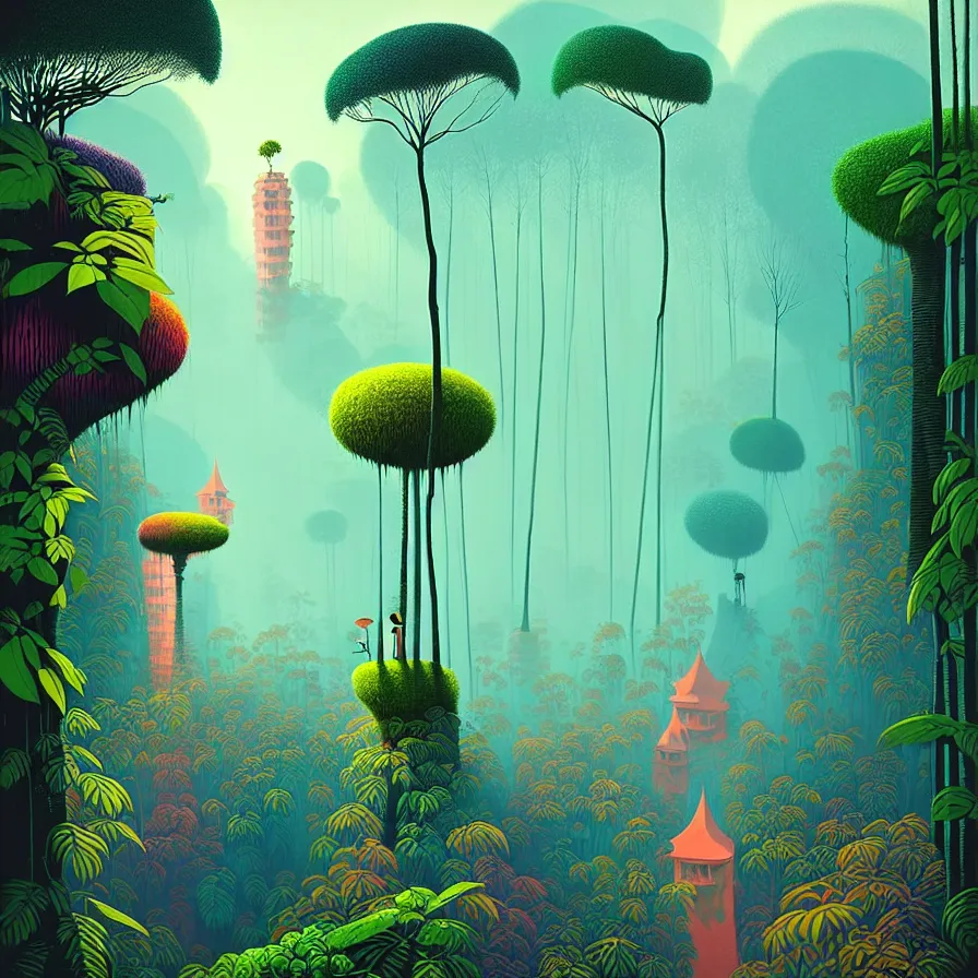 Image similar to surreal gediminas pranckevicius, malaysia jungle, summer morning, very coherent and colorful high contrast art by james gilleard james gurney floralpunk screen printing woodblock, dark shadows, pastel color, hard lighting, stippled light, art nouveau, film noir