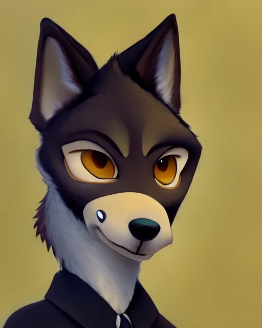 Image similar to oil painting of anthromorphic female wolf, in style of cory loftis, female fursona, furry, furaffinity, 4 k, deviantart, furry art, fursona art, wearing black business suit, business suit, in style of zootopia, wolf fursona, cyberpunk, female, very expressive detailed feminine face,