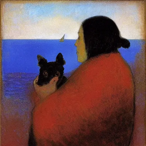 Image similar to a woman and her black and brown chihuahua looking out to sea by odilon redon