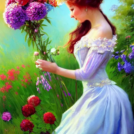 Image similar to a portrait of a romantic woman with flowers grow out of hair, roses peonies forget-me-nots dahlias lupins gladioli, sky theme in background, by Alexandr Averin, Digital Art, Trending on artstation