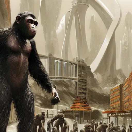 Prompt: planet of the apes highly futuristic advanced society very detailed concept art