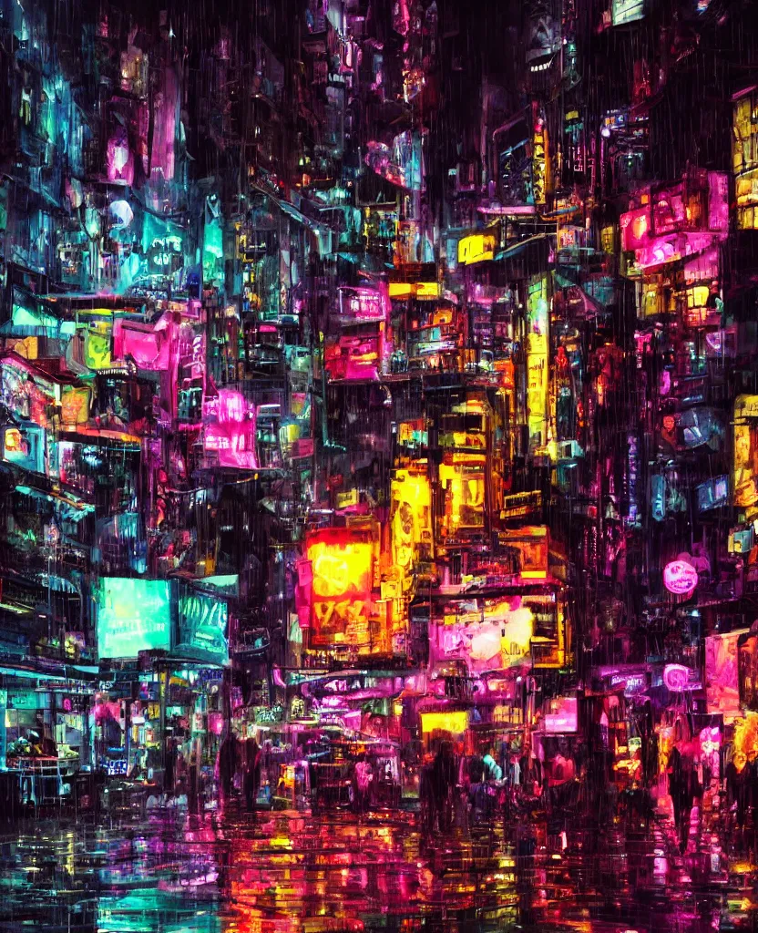 Image similar to cluttered futuristic city at night, night clubs and neons, rain, girl under lantern, by Sean Foley