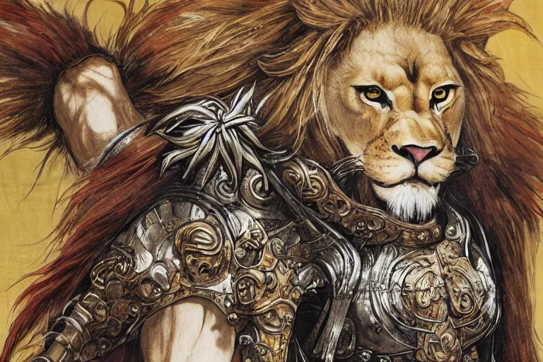 Image similar to 8k Yoshitaka Amano painting of upper body of a young cool looking lion beast-man at a medieval market at windy day. White mane, Depth of field. He is wearing complex fantasy armors. He has huge paws. Renaissance style lighting.