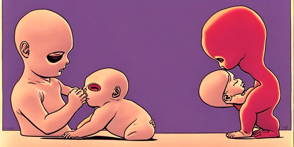 Prompt: dead moebius kissing baby moebius by moebius